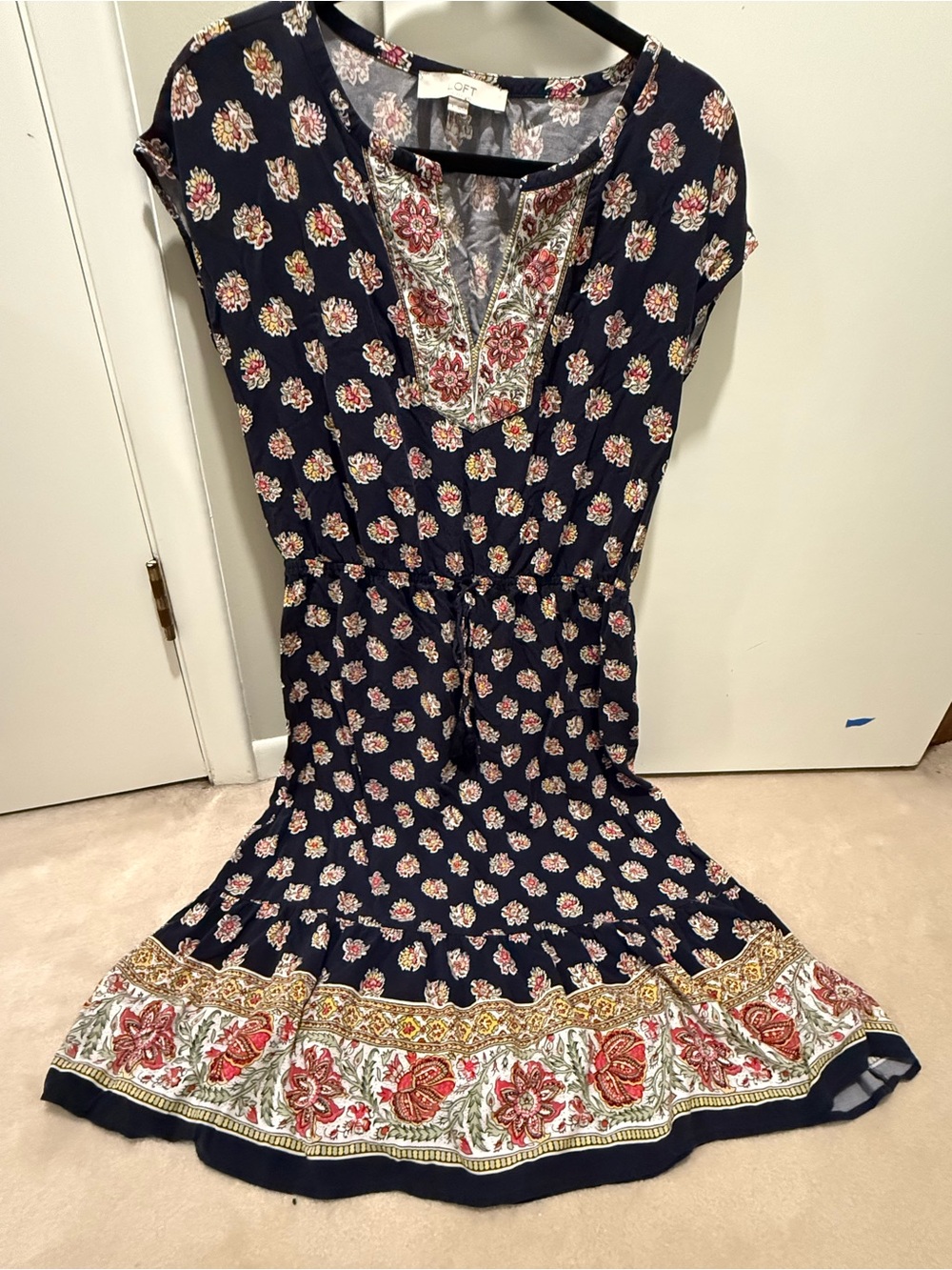 LOFT Navy Floral Midi Dress with Flowered Yoke